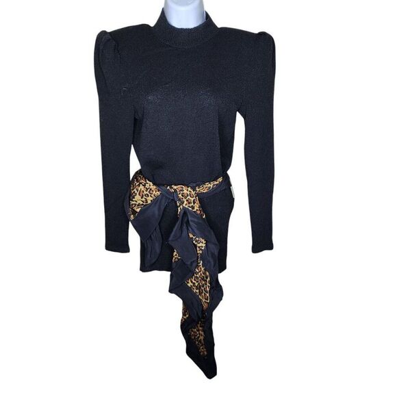 Vintage 80s Raul Blanco Cheetah Scarf Sweater Silk Skirt Suit Set Womens 6 Black - Picture 5 of 16